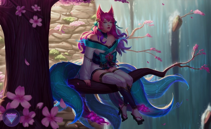 Ahri from League of Legends sitting on a branch