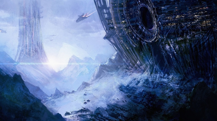 Science fiction landscape with futuristic towers and spaceships