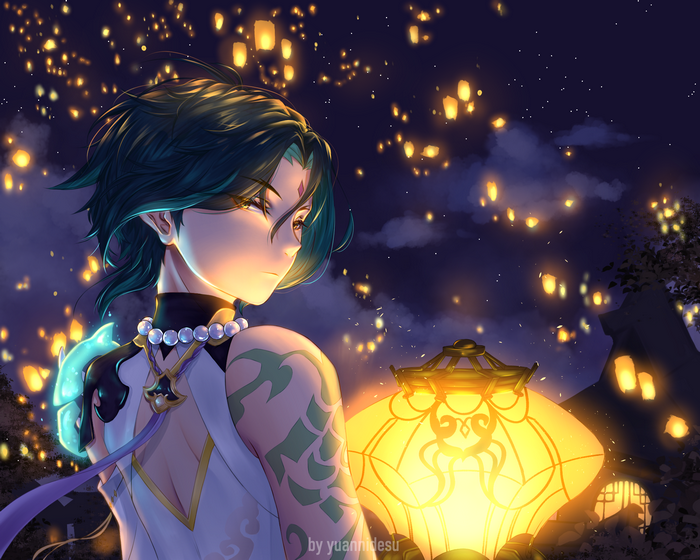 Xiao from Genshin Impact with Lanterns