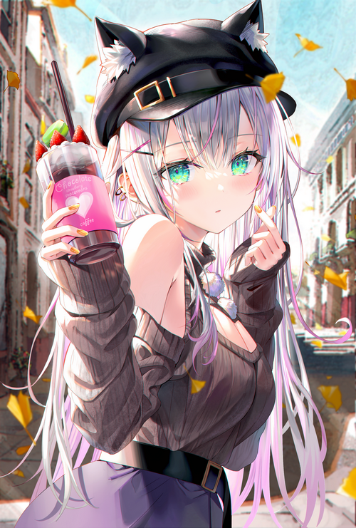 Rin Yuu with a drink and cat ears