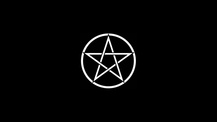White pentacle on a black background