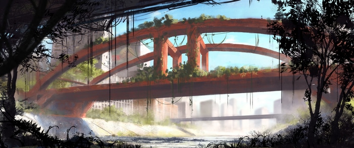 Overgrown abandoned bridge in a post-apocalyptic city