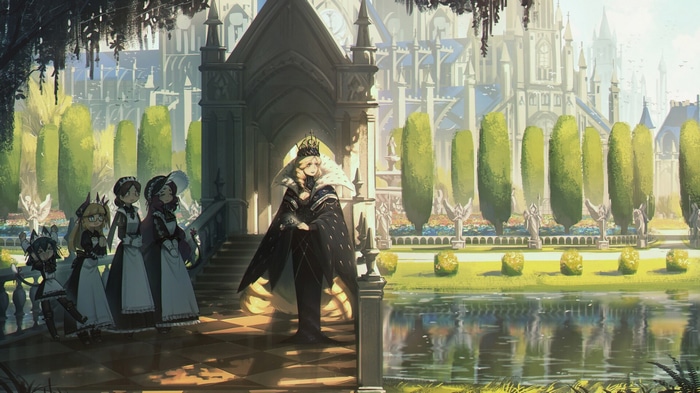 Queen and maids in front of a castle by a lake