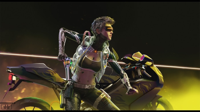 Cyberpunk woman on a motorcycle