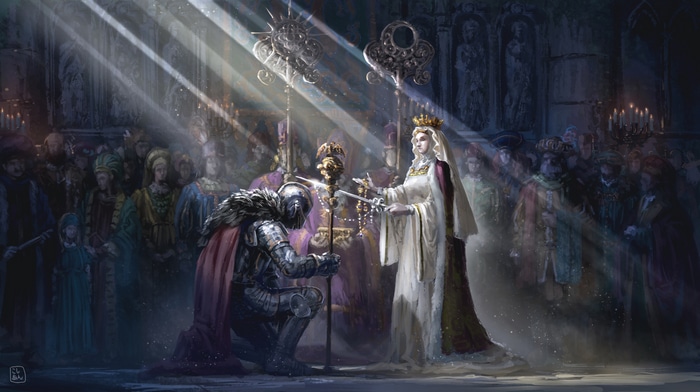 Knight Kneels Before Queen in Ceremony