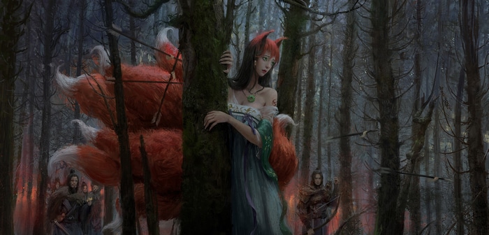 Fantasy girl with fox tails in a dark forest