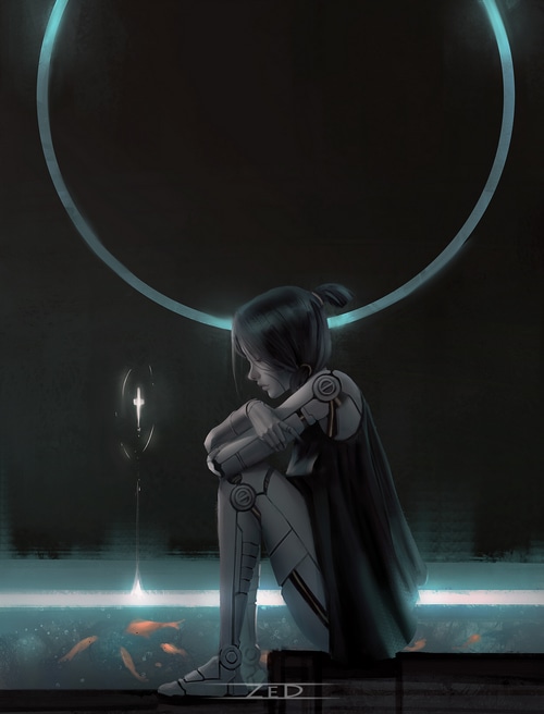Robot girl sitting by a glowing circle and fish