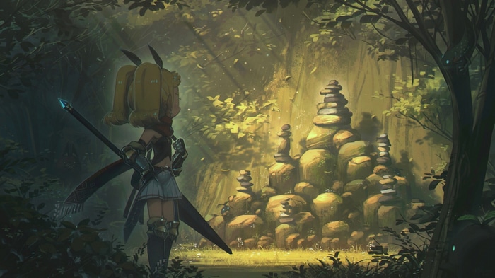 Porforever character in a fantasy forest with cairns