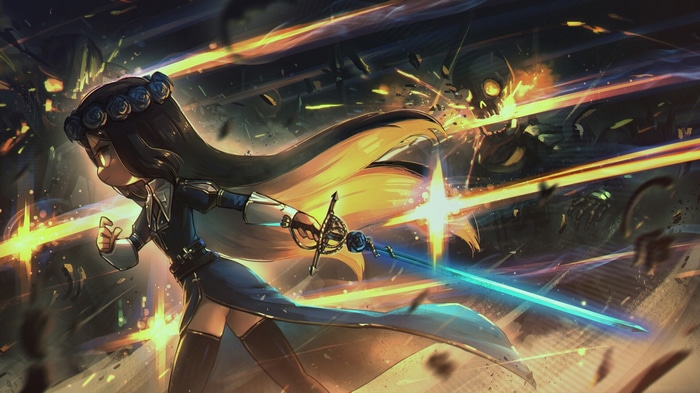Girl with sword fighting a skeleton