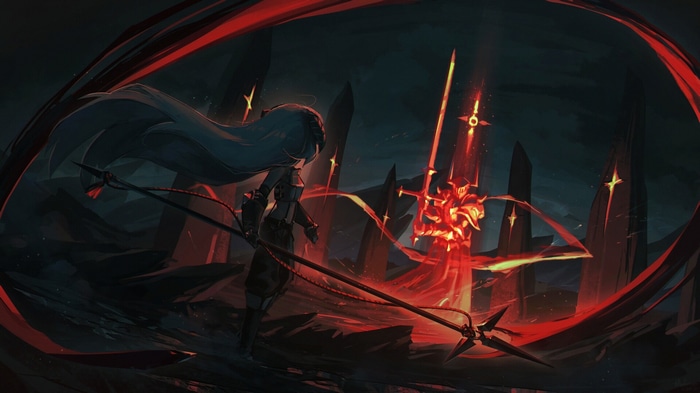 Girl with spear facing fiery knight in dark fantasy landscape