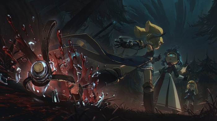 Fantasy art of characters in a dark forest
