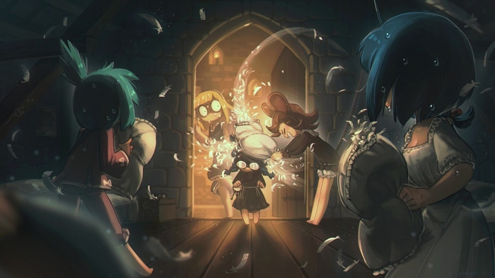 Four girls in a pillow fight in a dark room