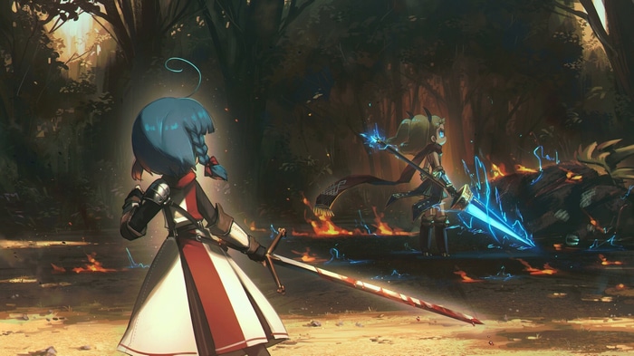 Fantasy art of two girls fighting in a forest