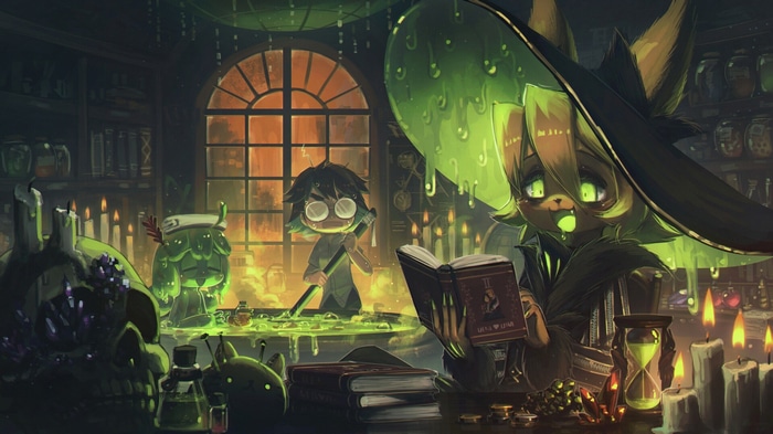 Fantasy art of a witch and a creature in a lab
