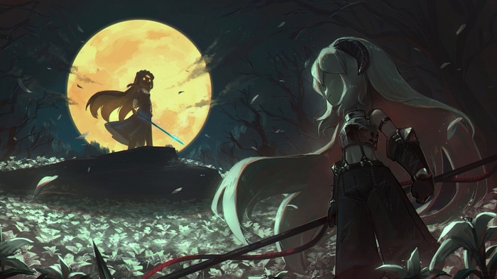 Fantasy art of two characters with swords under a full moon