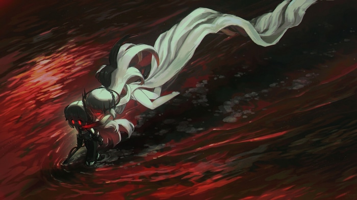 Fantasy art of two figures in red water