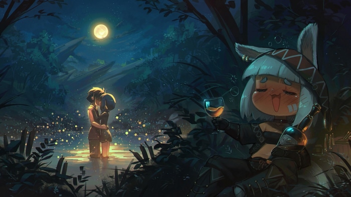 Couple kissing by the lake under the full moon