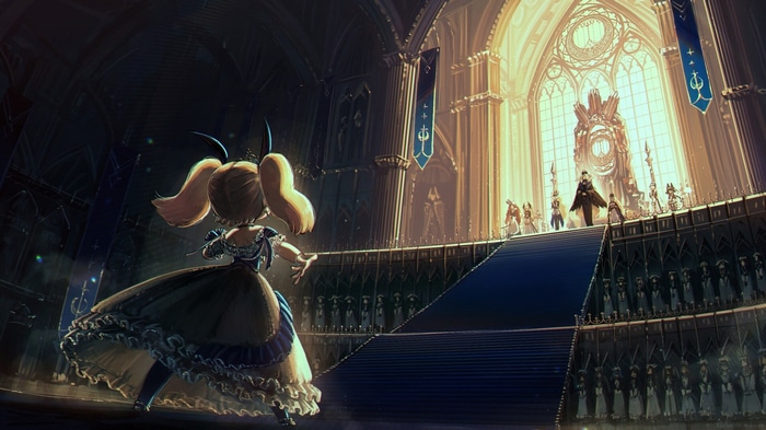 Fantasy art of a girl in a grand hall