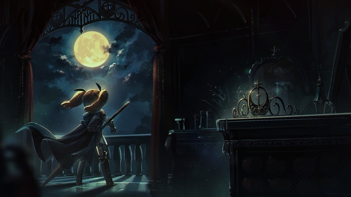 Girl with sword under full moon on balcony