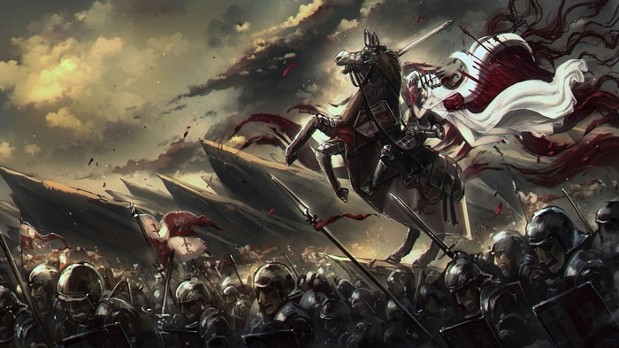 Knight on horseback leading an army with banners