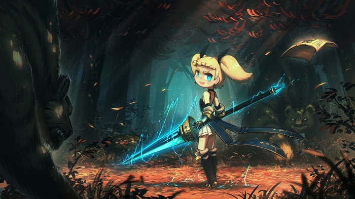 Girl with spear and bears in a dark forest