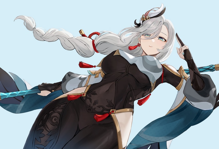 Shenhe from Genshin Impact with silver hair and blue eyes