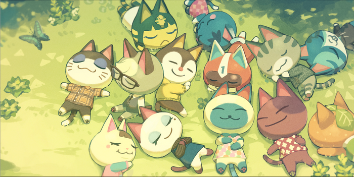 Animal Crossing Cats Sleeping in a Field