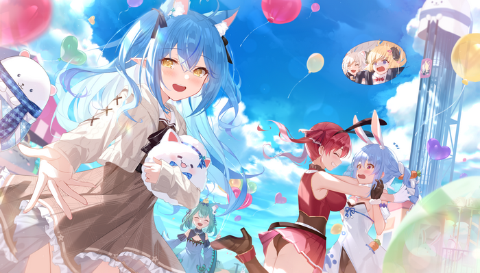 Hololive girls with balloons at a carnival