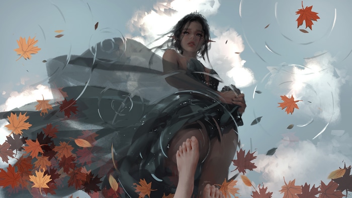Fantasy girl in water with falling leaves