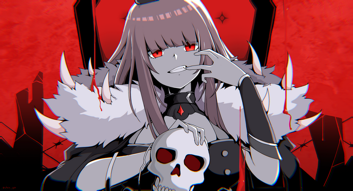 Mori Calliope holding a skull with red background