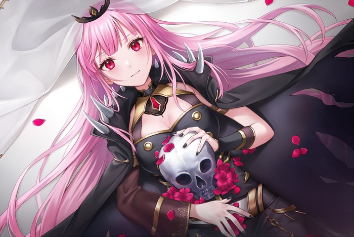Mori Calliope holding a skull with pink hair