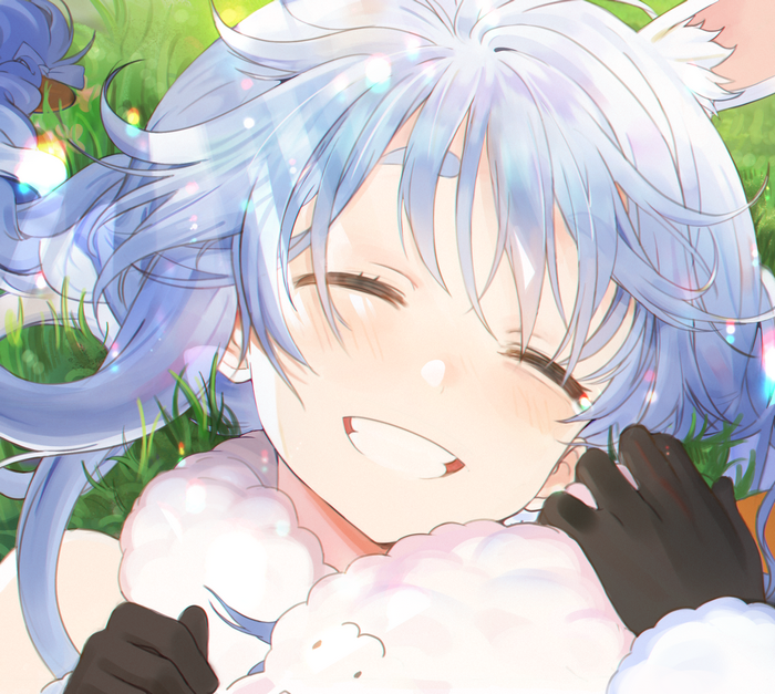 Usada Pekora smiling in a grassy field