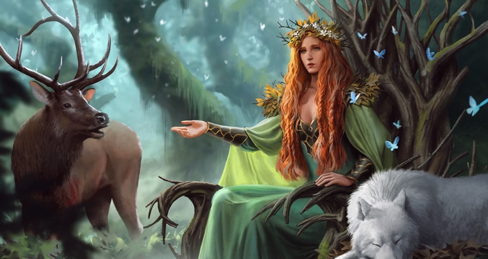 Fantasy art of a woman with animals in a forest