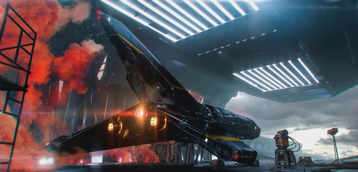 Futuristic aircraft in a hangar with red smoke