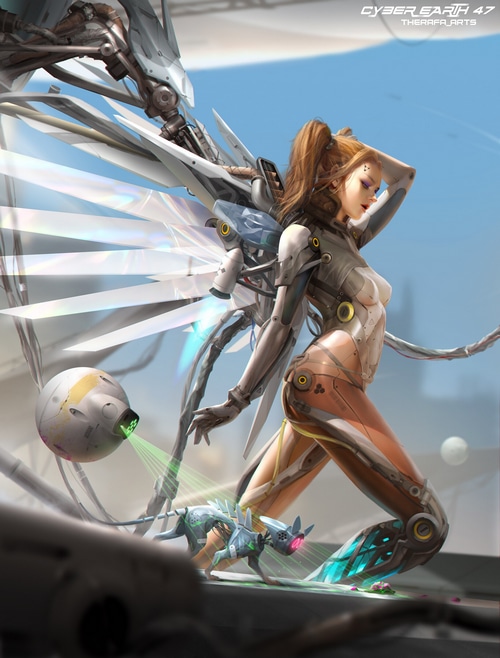 Cyberpunk woman with mechanical wings and robot dog