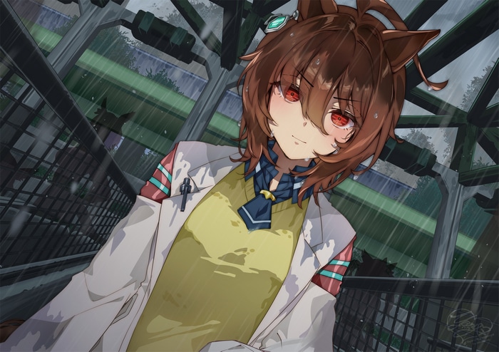 Agnes Tachyon from Uma Musume in the rain