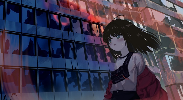 Girl in front of a building with broken windows