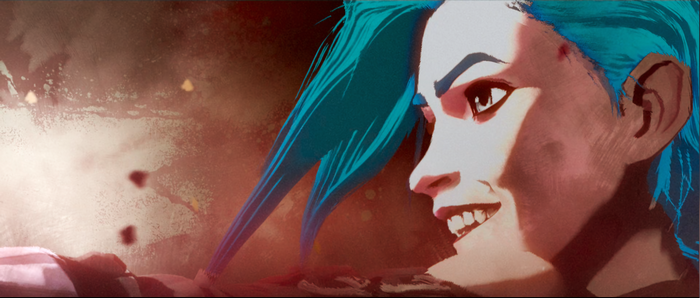 Jinx from Arcane smiling in profile