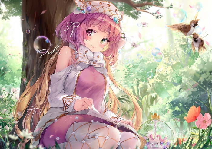 Daefny in a magical forest with birds and bubbles