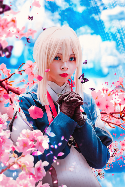 Violet Evergarden Cosplay with Cherry Blossoms and Butterflies