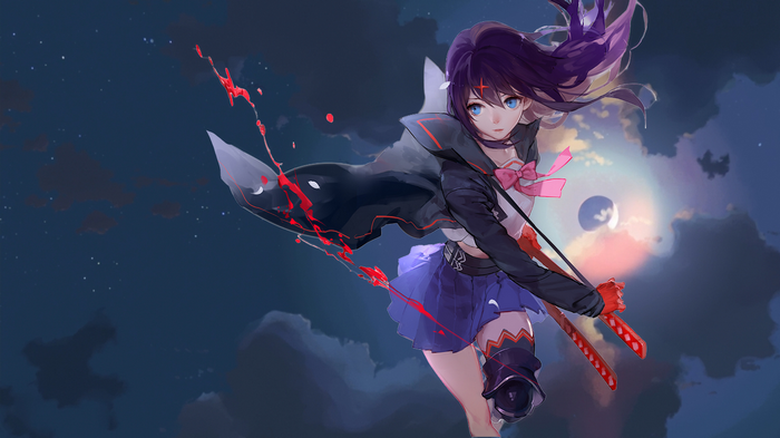Anime girl with purple hair and swords