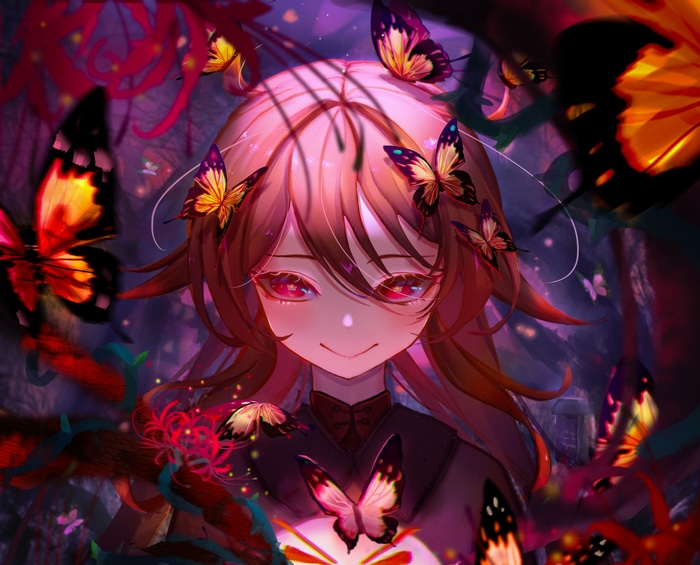 Hu Tao surrounded by butterflies in Genshin Impact