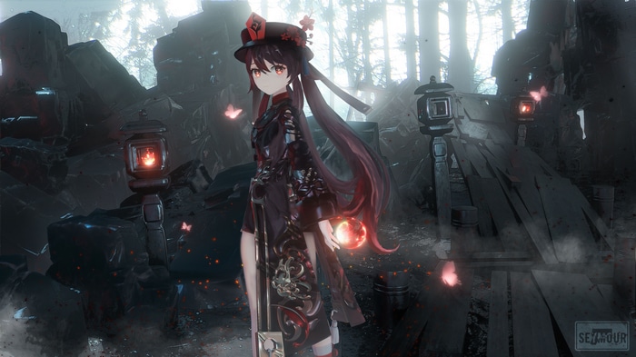 4K Genshin Impact Hu Tao in a dark forest