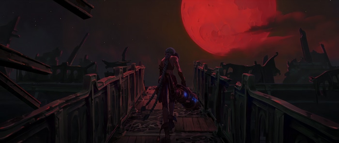 4K Jinx from Arcane on a bridge under a red moon