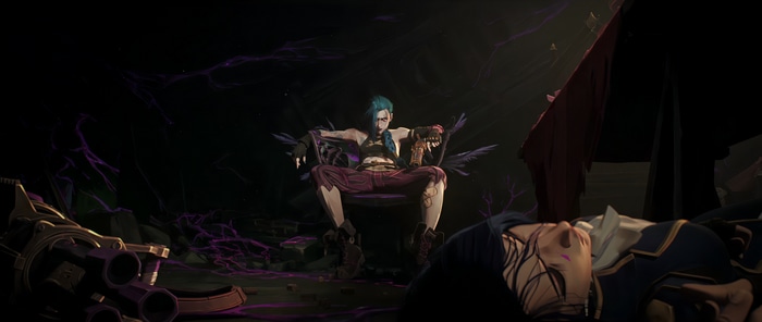Jinx sits on a throne with a dead body in front of her