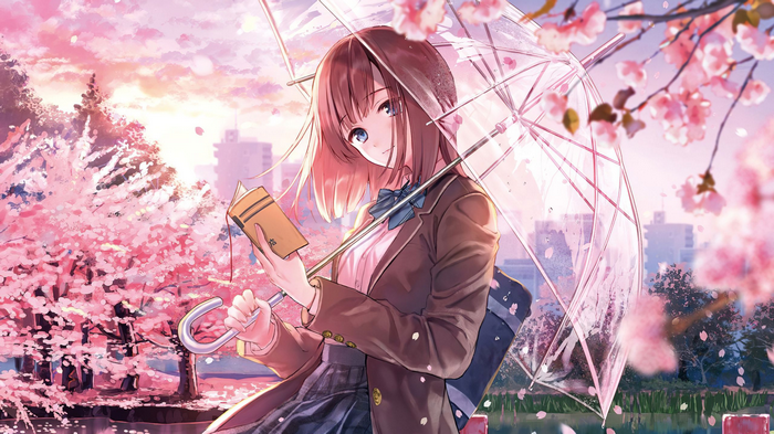 Anime girl with umbrella reading a book under cherry blossoms