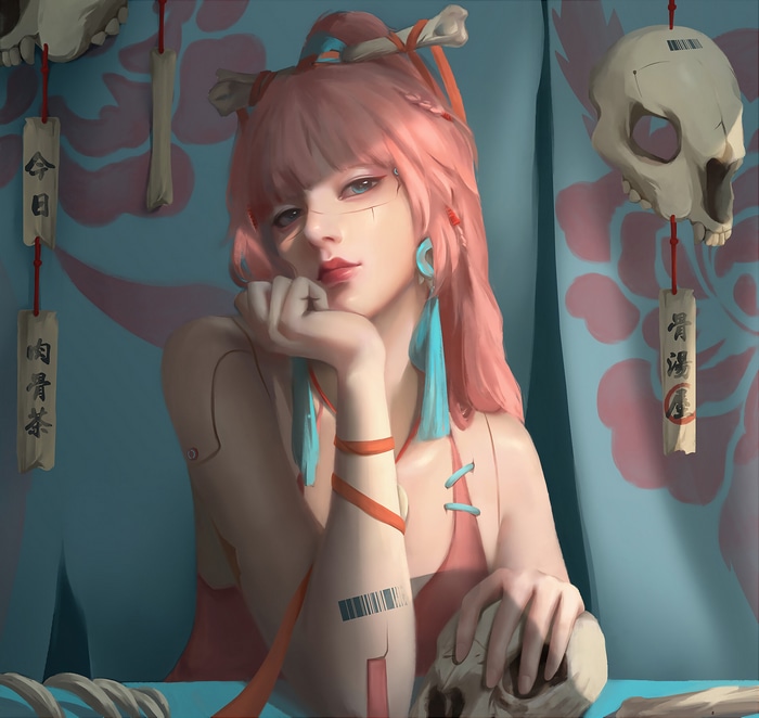 4K Woman with Pink Hair and Skeletons