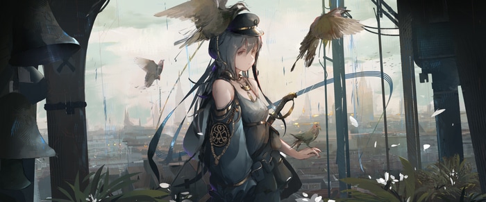 Artwork of a girl with birds and a sword