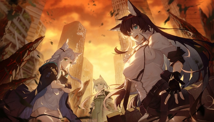 Arknights characters in a destroyed city