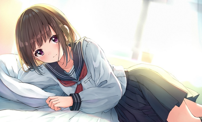 Artwork of Enuni in bed wearing a school uniform